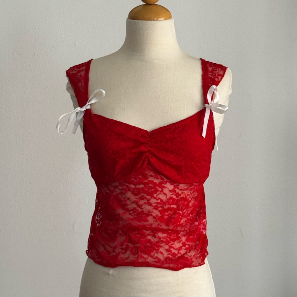 SHEIN Red Lace Crop Top with Ribbon Straps